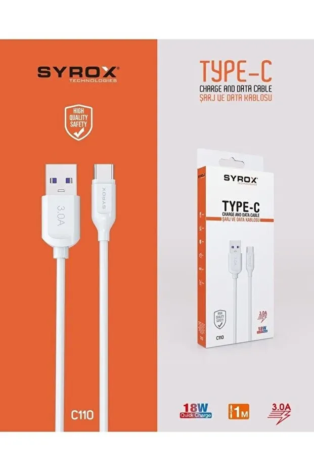 Syrox Type-c Girişli 18w Hızlı Şarj Ve Data Kablosu
